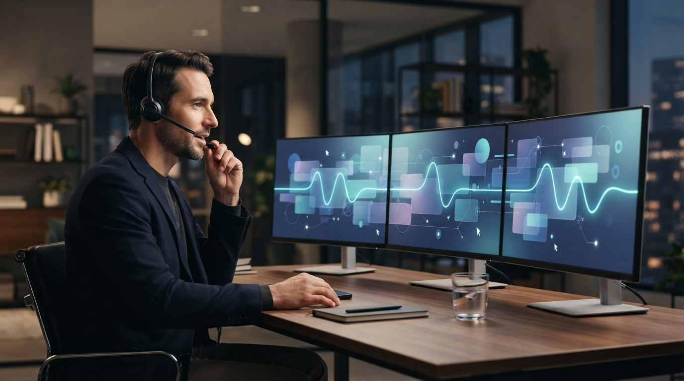 A professional using one voice dictation layer across three abstract application screens