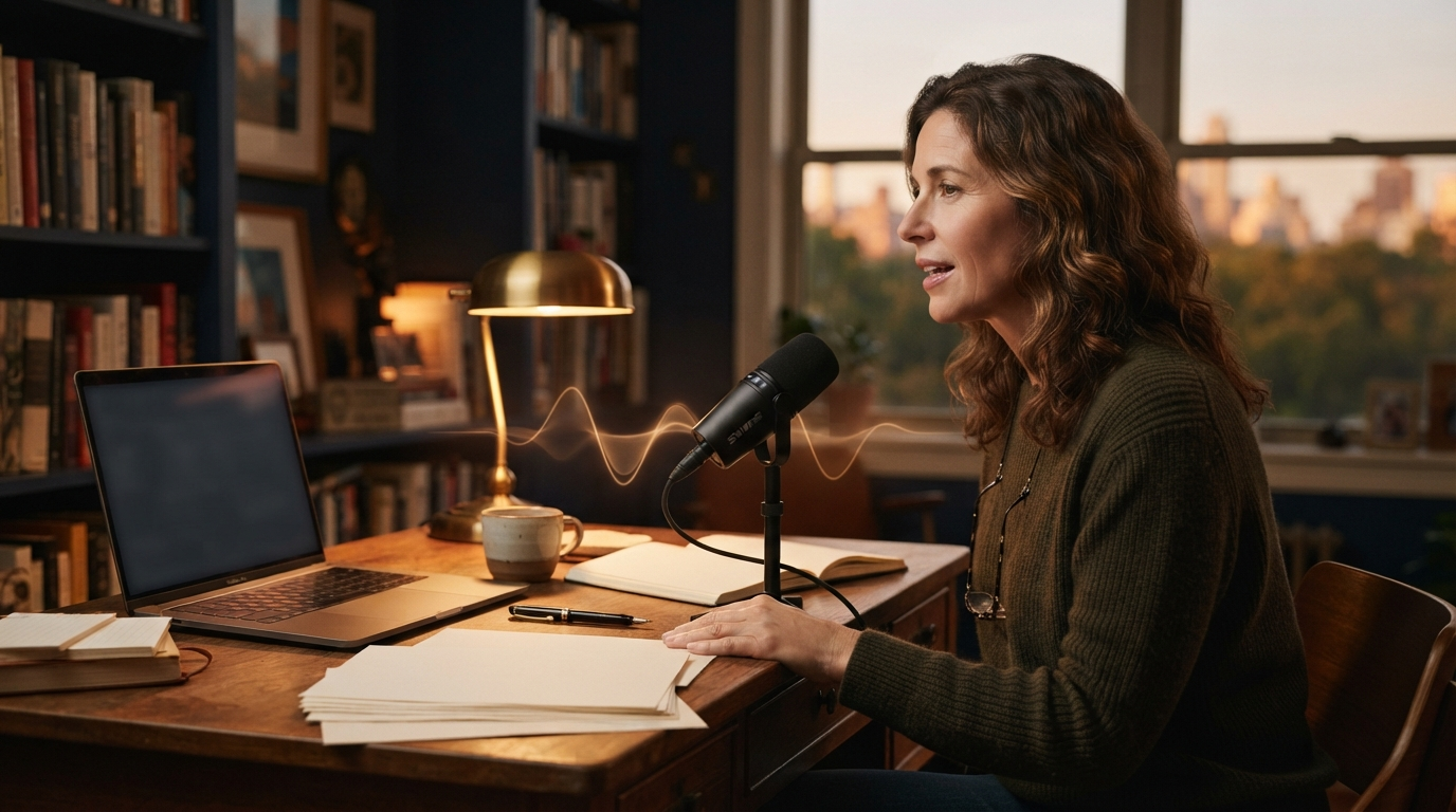 A novelist using voice dictation to draft a manuscript at a writing desk