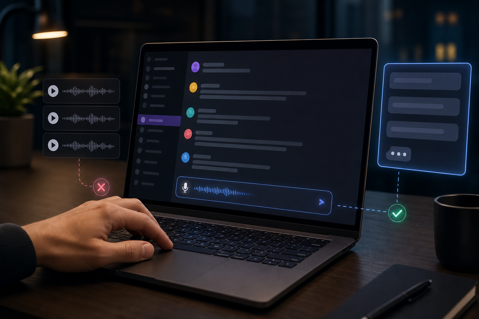 A workplace chat app on a laptop showing voice-to-text style messaging workflow