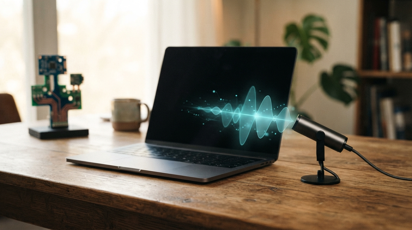 Laptop and desktop microphone on a warmly lit desk with an abstract audio waveform