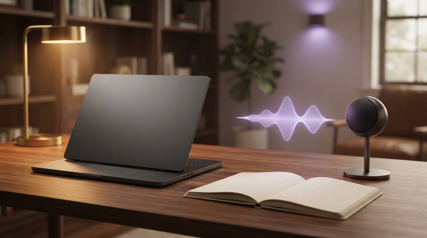 Unbranded laptop, blank notebook and microphone with a conceptual violet waveform