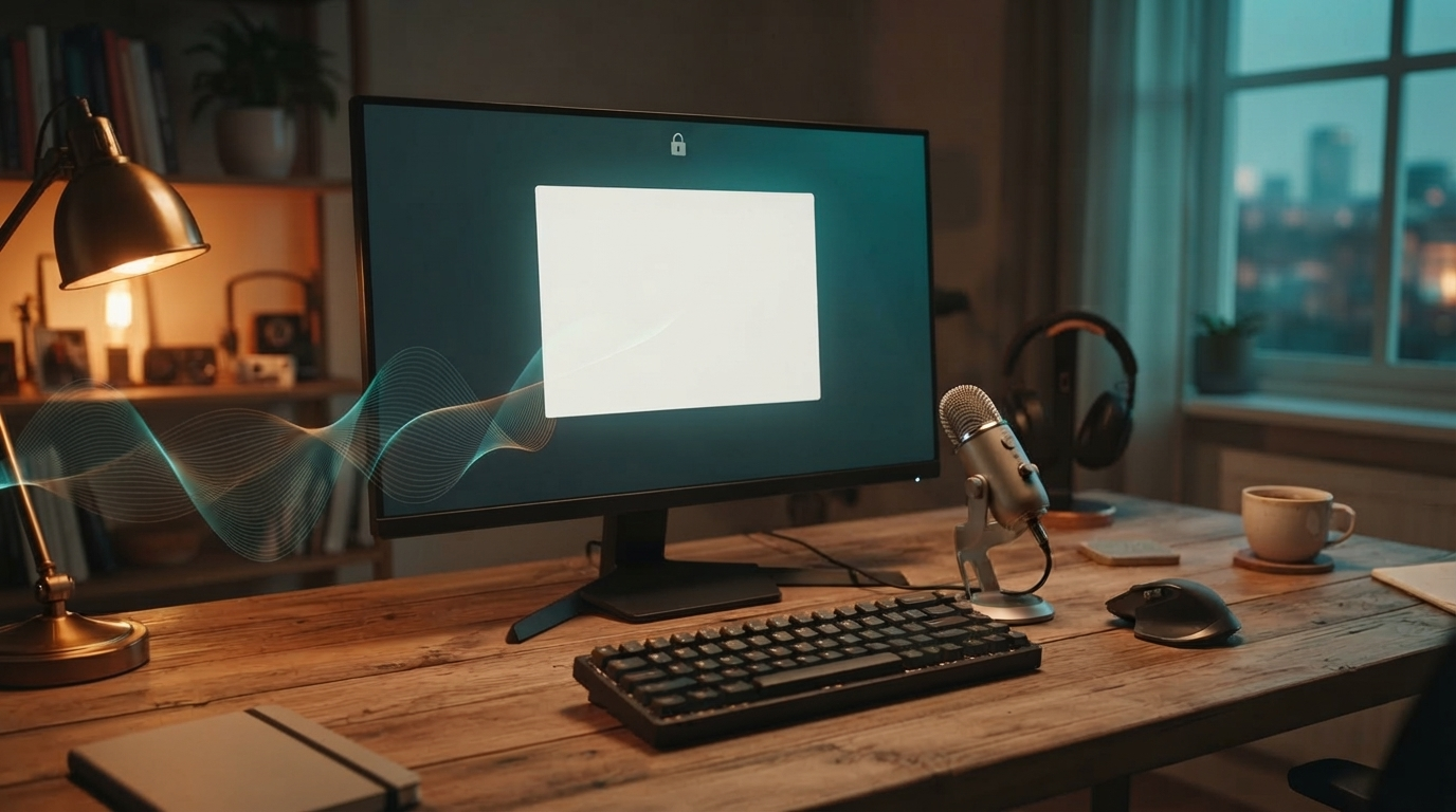 Offline Linux dictation workstation with microphone, audio waveform, private local processing lock, and document window