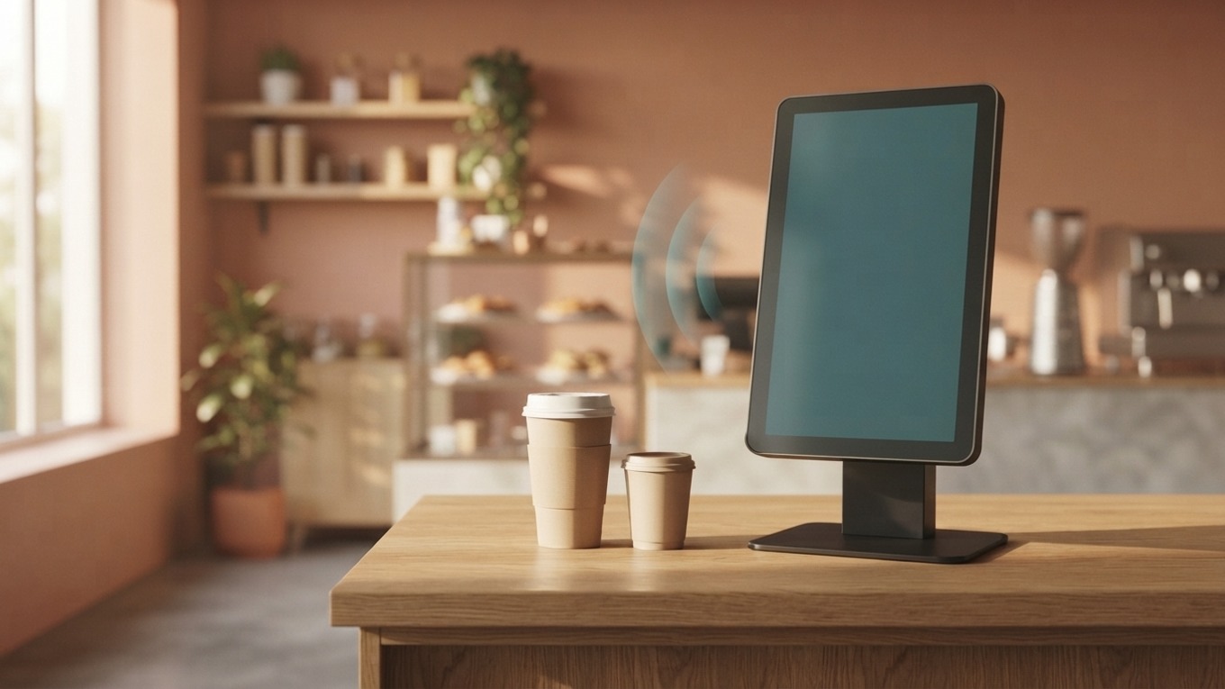 Concept illustration of an unbranded cafe kiosk and two cups, not actual Square hardware