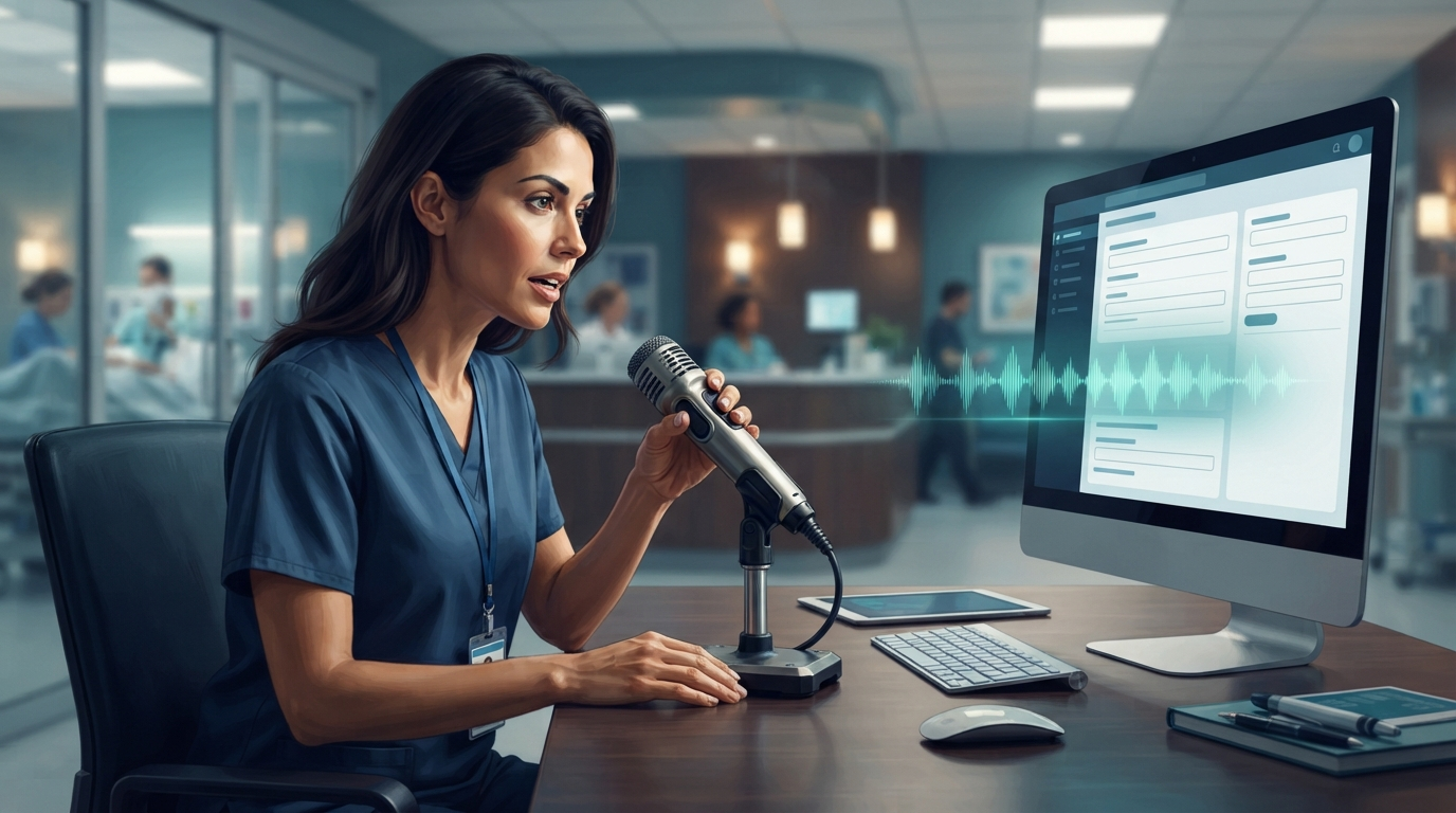 Clinician using a professional microphone to dictate into an EHR note field