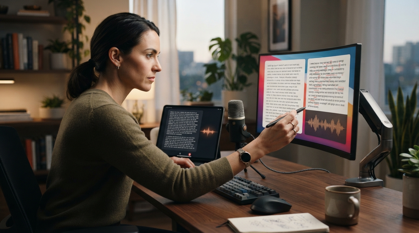 Editorial illustration of reviewing voice transcription at a desk