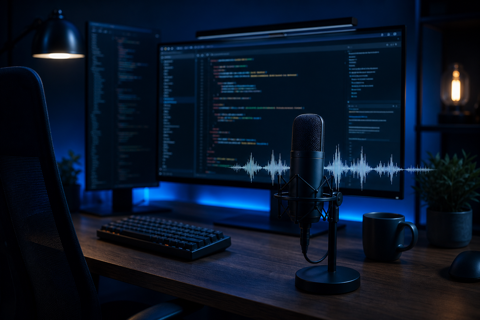 Developer workstation with code editor, microphone, and voice waveform for coding dictation