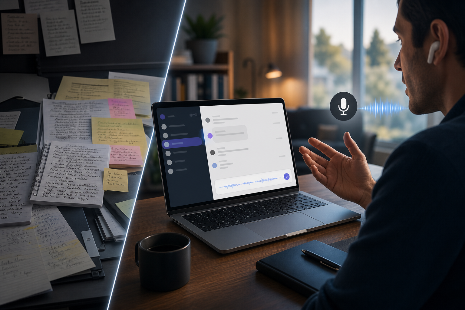 A remote worker dictating into a workplace chat app on a laptop while notes and meeting clutter sit off to the side