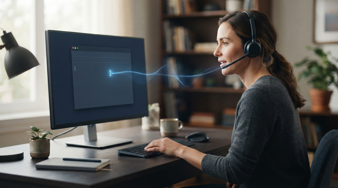 Professional dictating an email at a desktop computer with a headset microphone