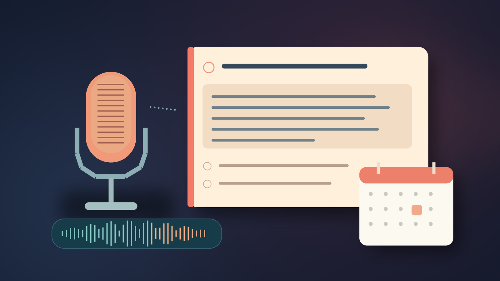 Microphone and editable task description beside a separate calendar card, original illustration