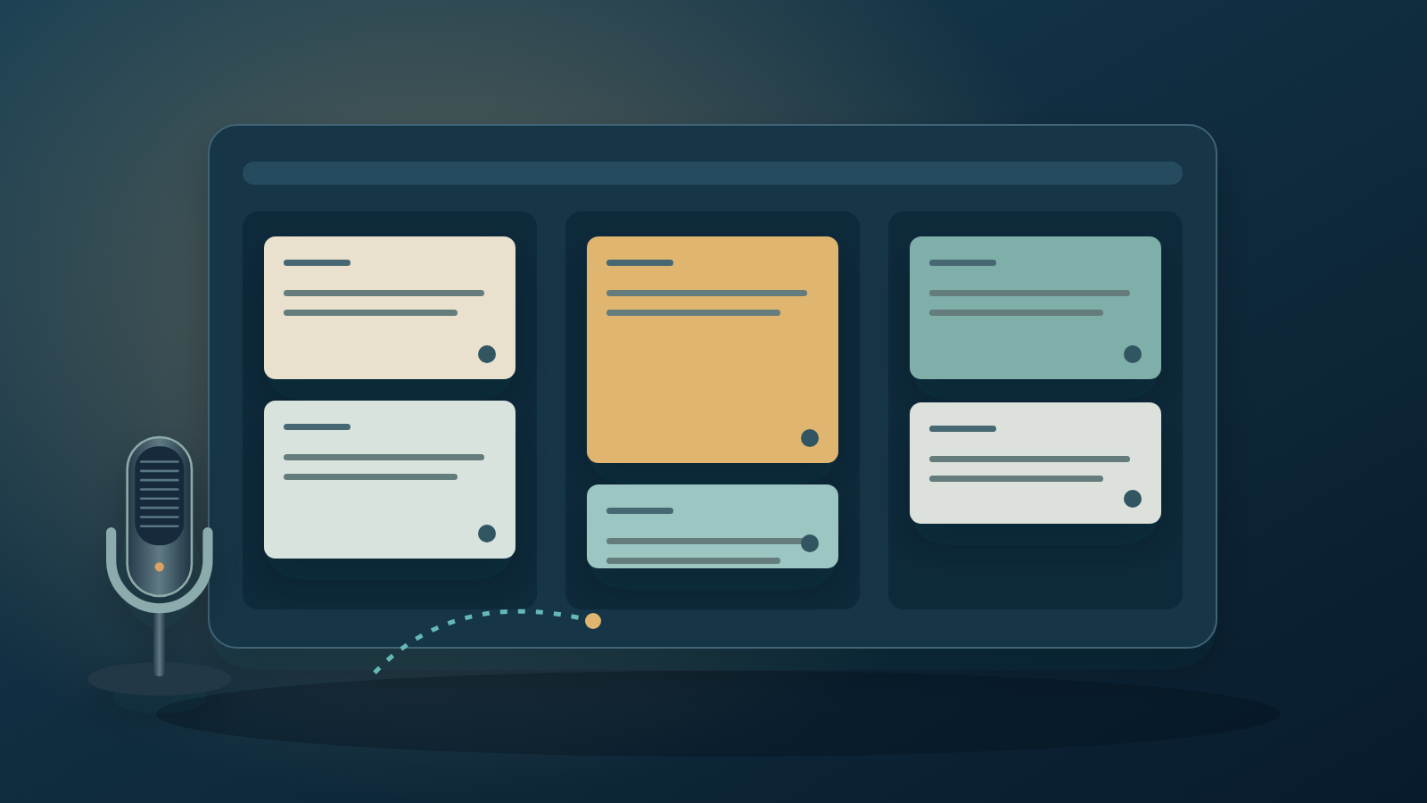 Original editorial illustration of a project board with distinct task cards and a desktop microphone