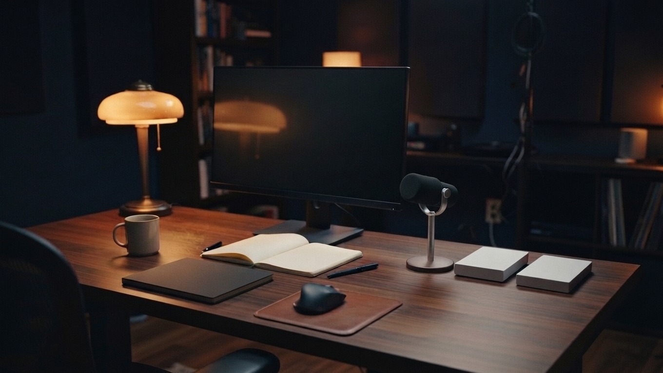Blank monitor, notebooks, microphone and two plain disconnected storage enclosures