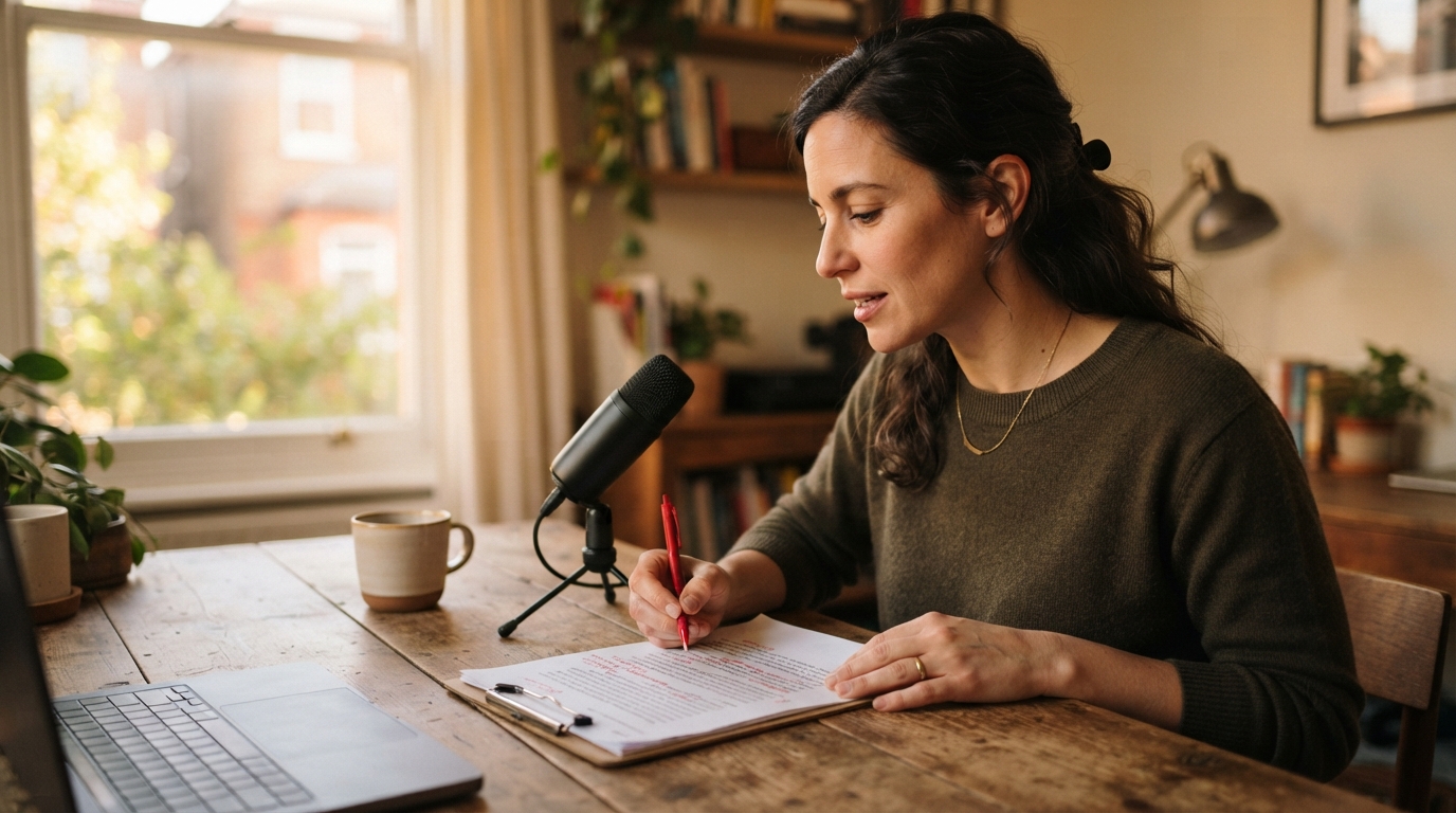 Person reviewing a voice-written draft at a desk