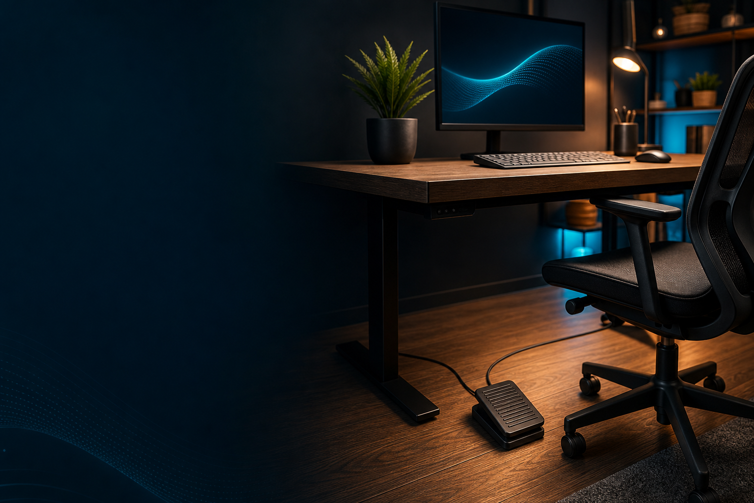 USB foot pedal on a modern desk setup for dictation workflow