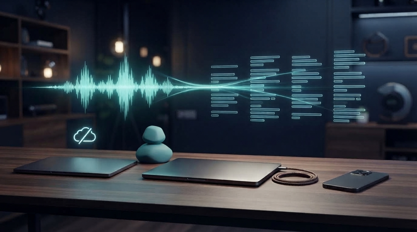Cross-platform voice dictation shown across unbranded devices with an audio waveform turning into structured text