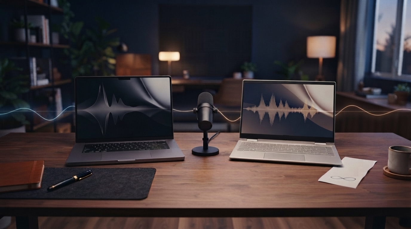 Two unbranded laptops and a microphone with waveforms beside a receipt marked with an infinity symbol