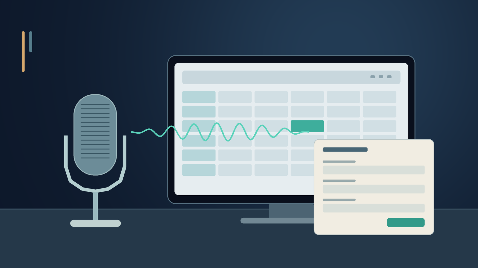 Microphone beside a spreadsheet and a form, an original conceptual illustration