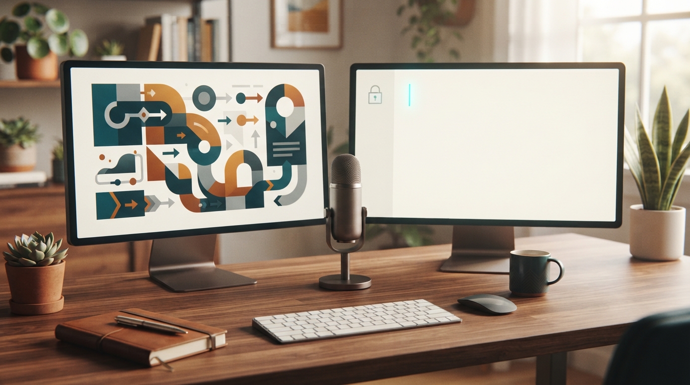 Two monitors and a microphone illustrate dictation into a pinned browser note