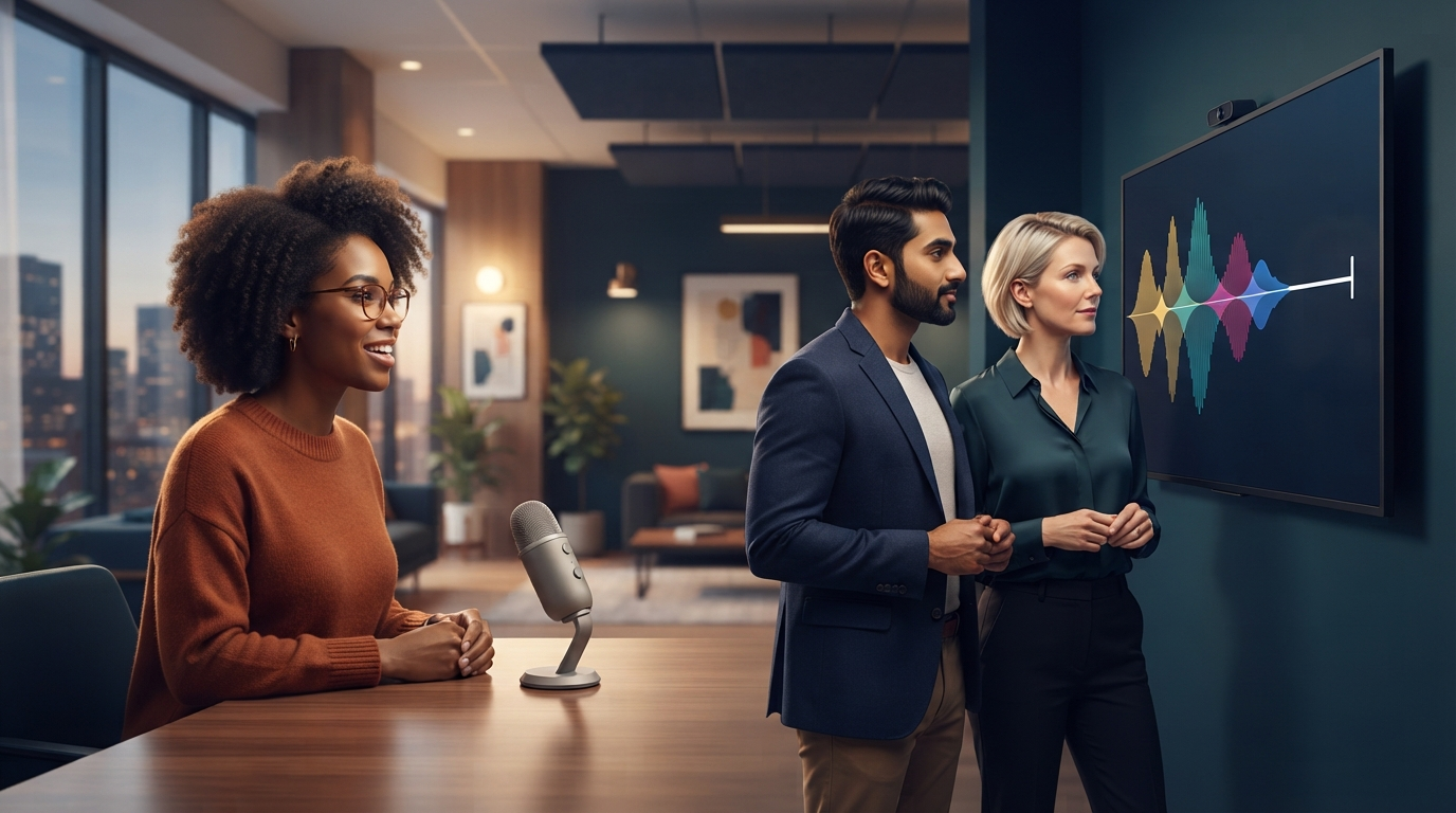 Three professionals compare voice waveform patterns as they test a desktop microphone.