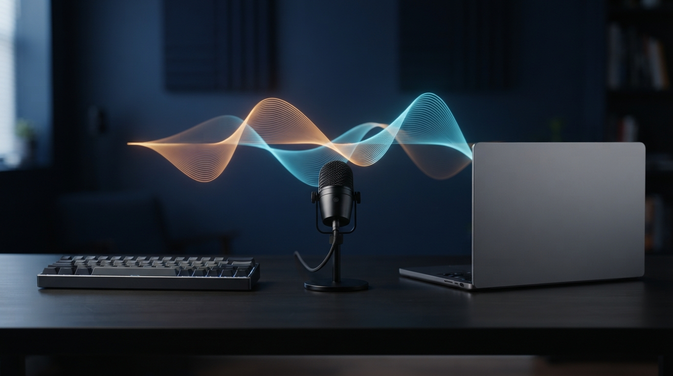Microphone and keyboard with two intertwined sound waves representing bilingual Linux dictation