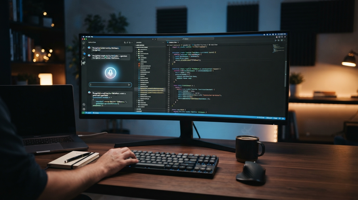 Developer desk with VS Code editor and voice dictation setup