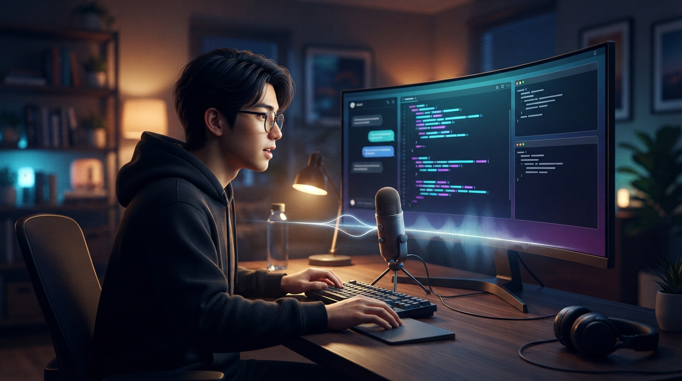 Developer using voice dictation in a code editor with chat, editor, and terminal panels