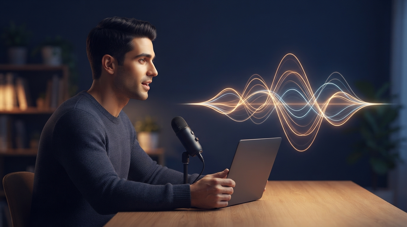 Developer speaking into a microphone at a laptop