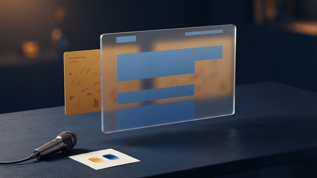 Unbranded editorial illustration of layered webpage panels beside a microphone, representing visible text and hidden instructions