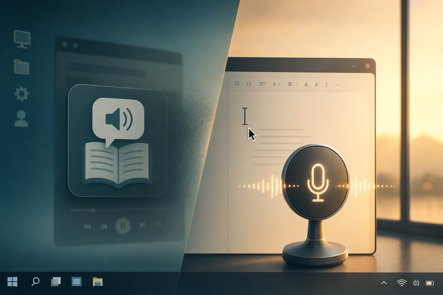 Split screen showing general-purpose TTS tool vs focused dictation tool on Windows desktop