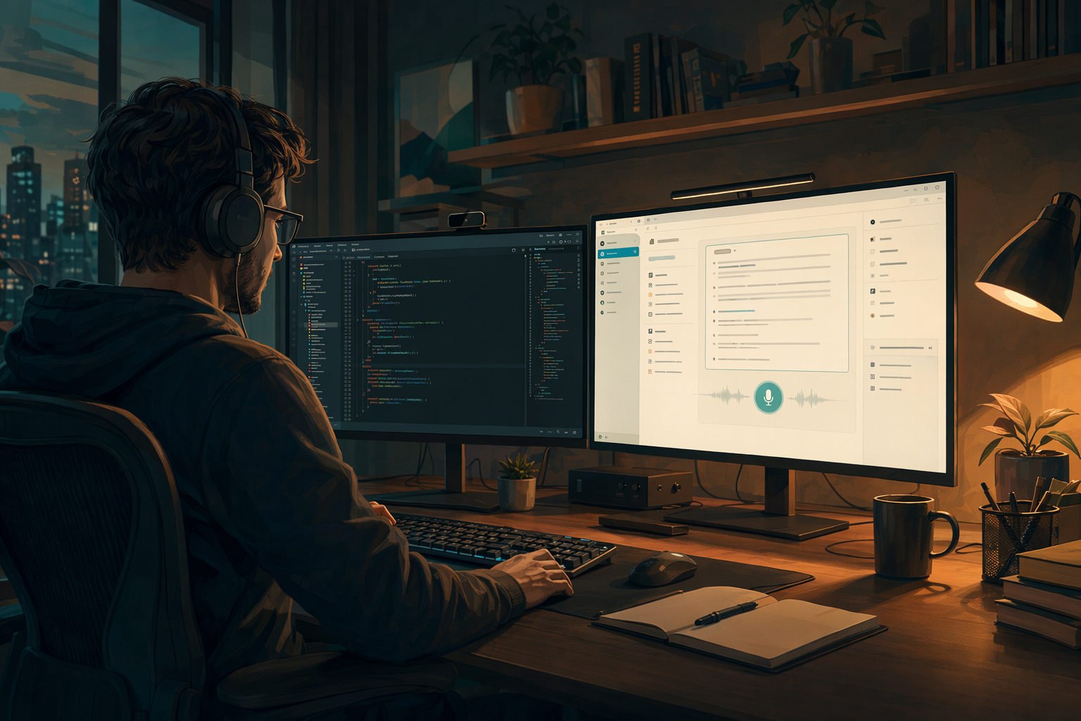 Developer dictating into an IDE with code appearing on screen, showing AppAware context switching between apps