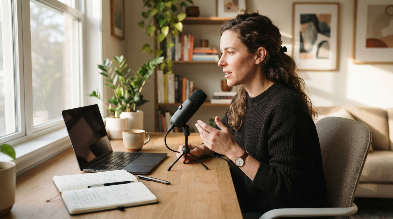 Person using a desktop microphone beside a laptop and notebook