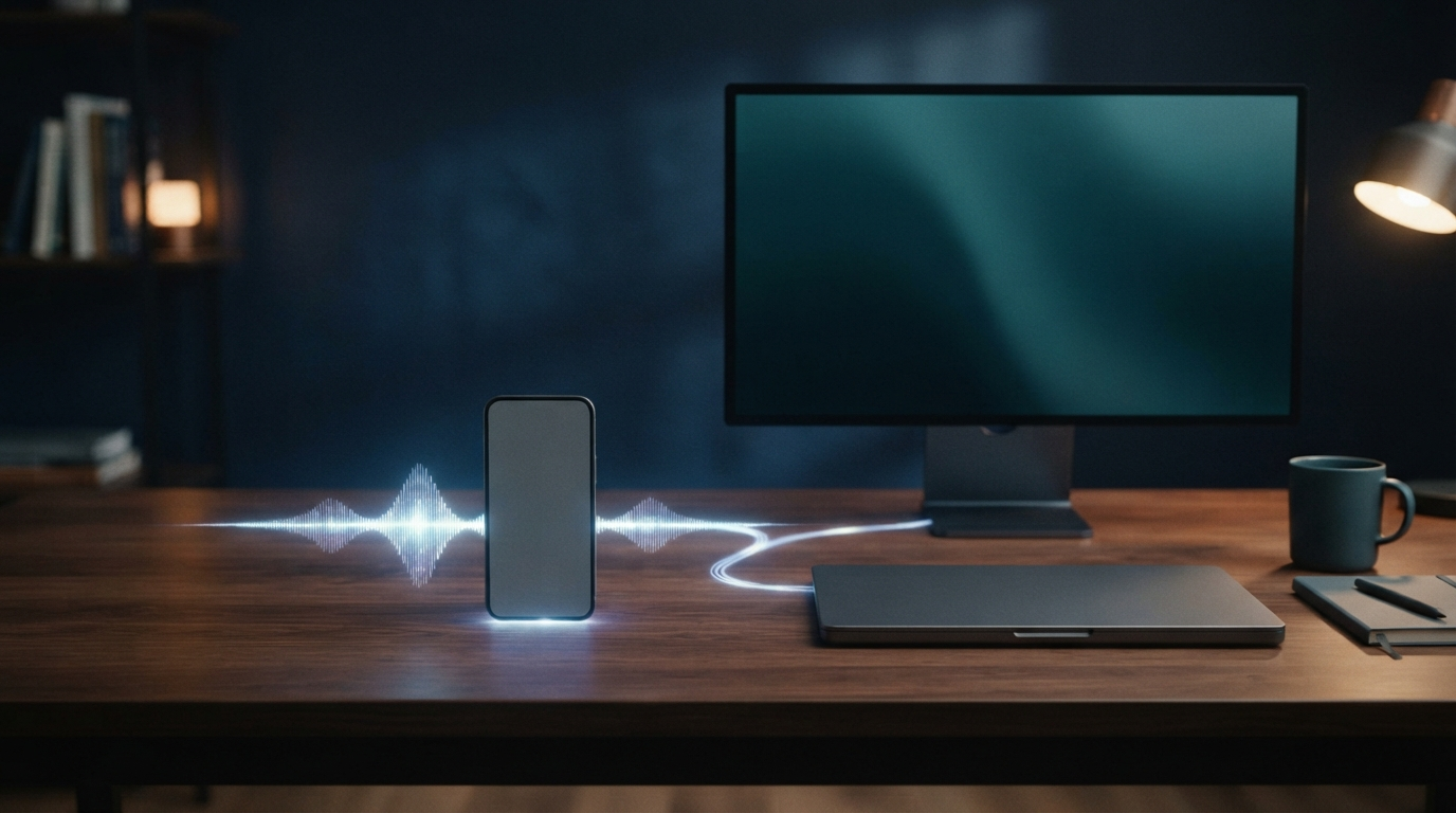Unbranded phone, laptop, and desktop connected by a voice waveform