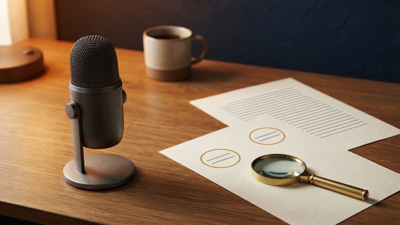 Unbranded microphone beside manuscript lines, geometric review circles, and a magnifying glass