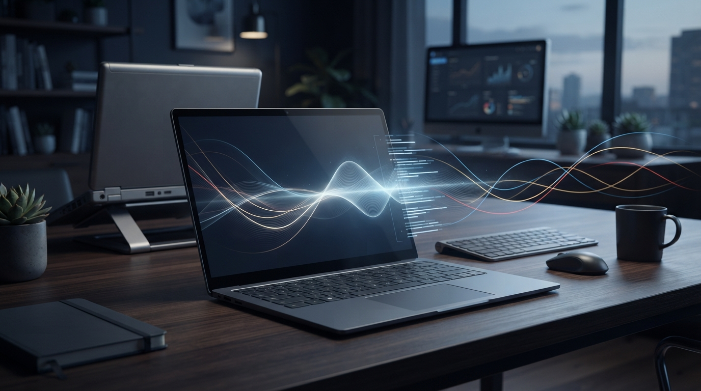 A new laptop and older work laptop connected by an abstract voice waveform