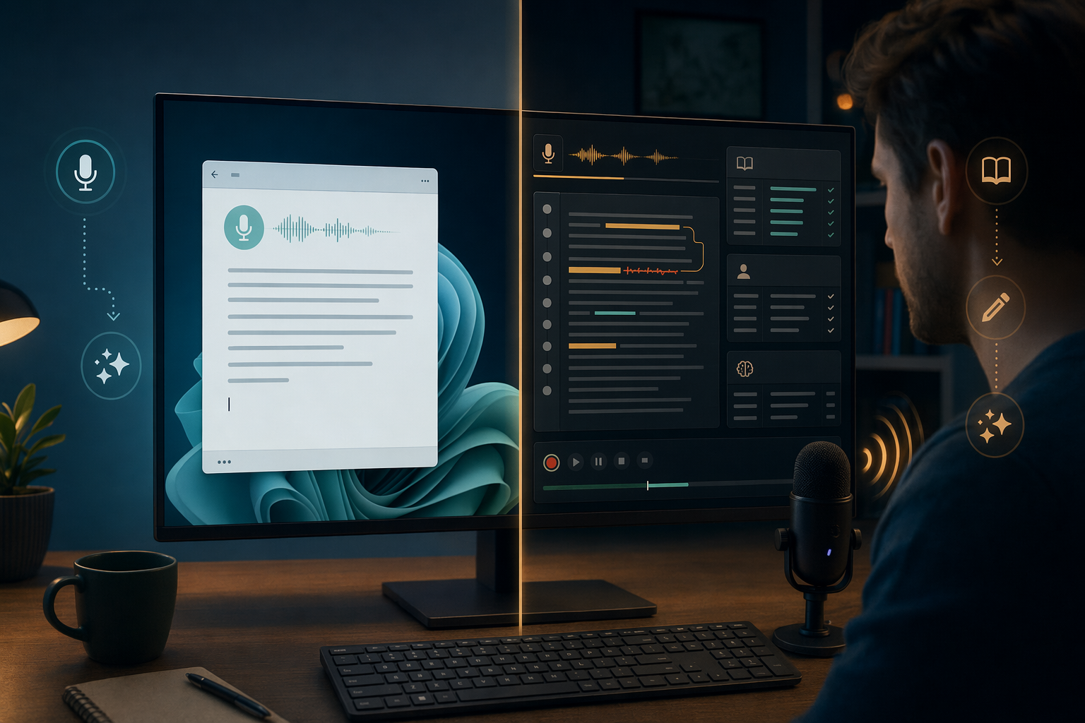 Editorial illustration of Windows dictation and professional speech recognition