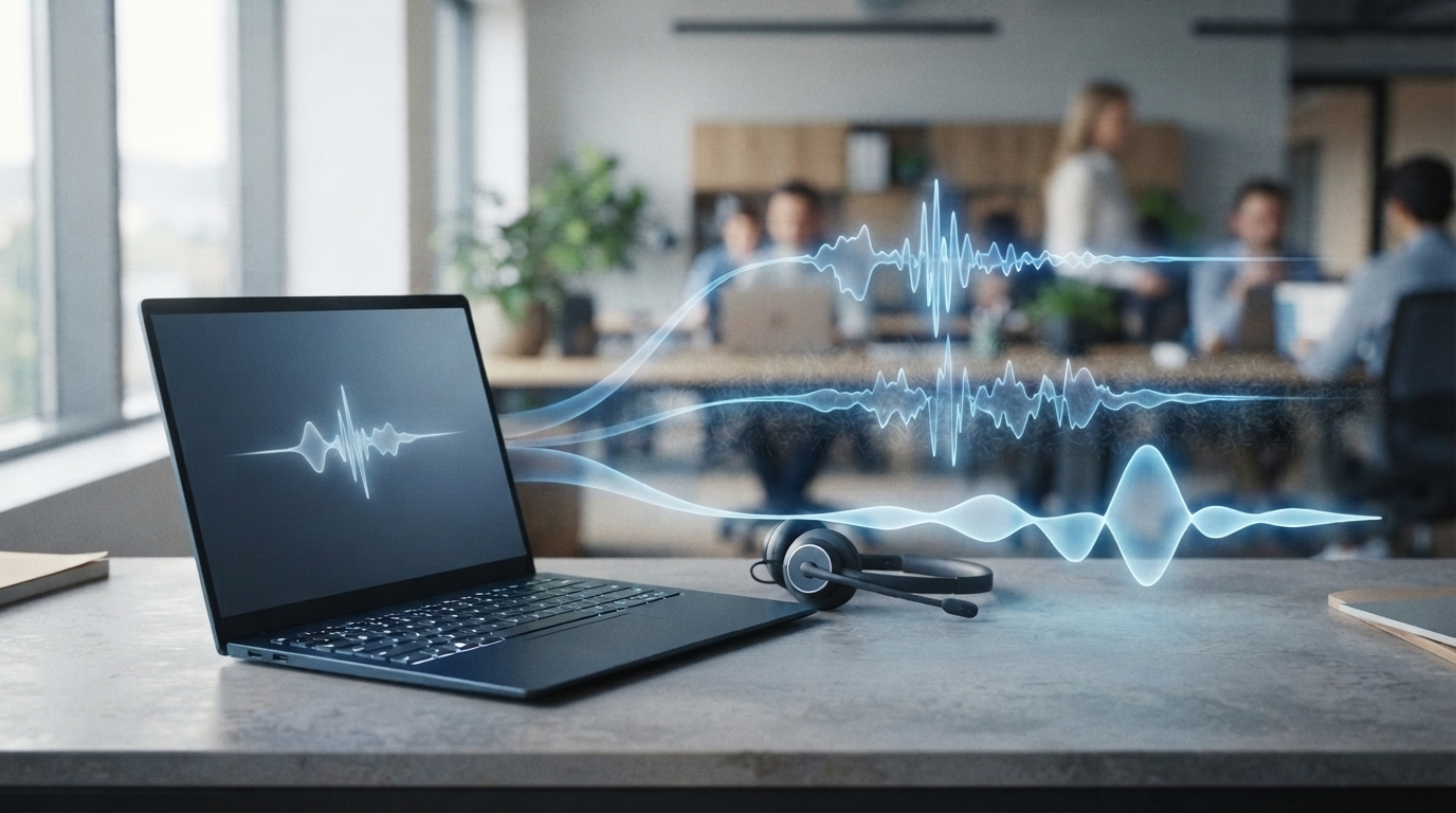 An unbranded laptop and headset in a shared office with three audio waveforms representing voice filtering modes