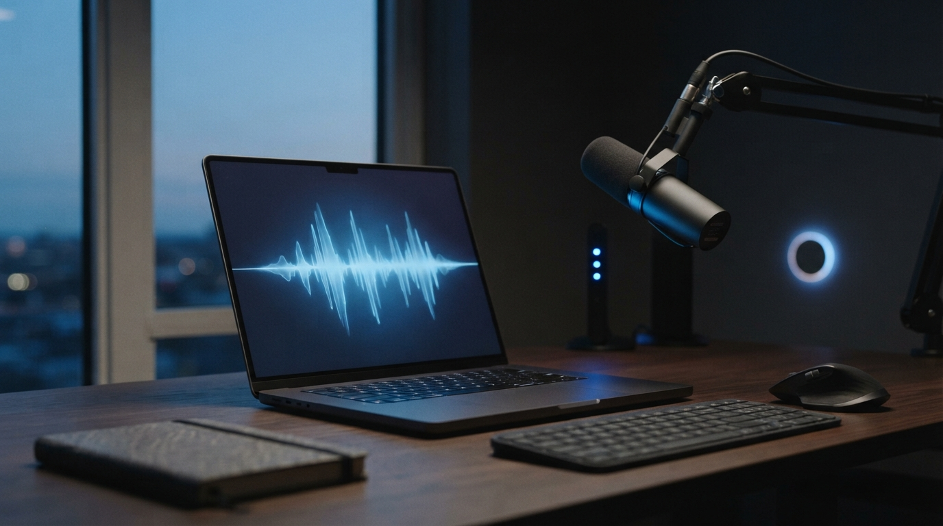 Laptop and microphone with an audio waveform and persistent status lights