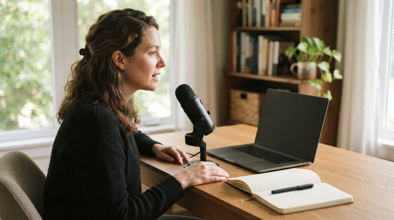 Writer using a microphone at a desk
