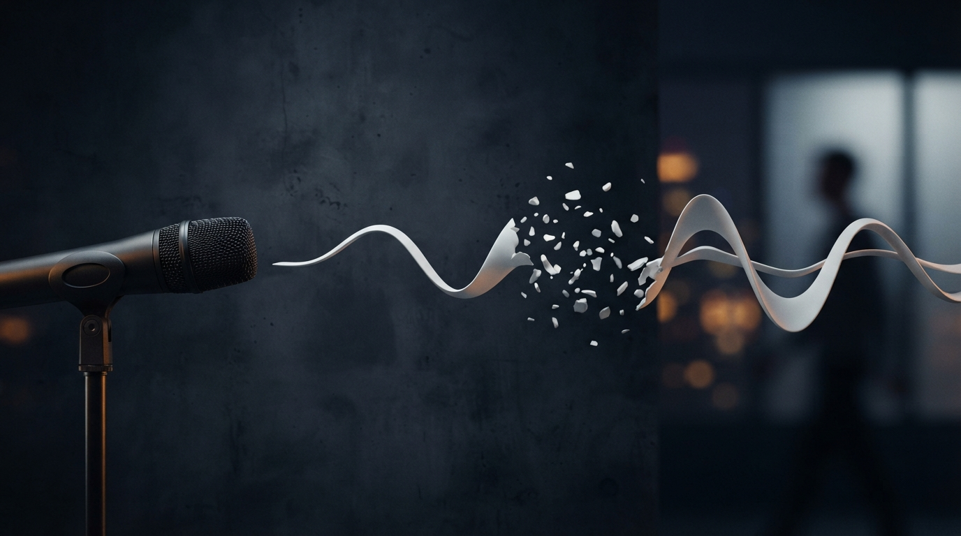 Unbranded microphone with an audio waveform breaking apart in a noisy real-world setting