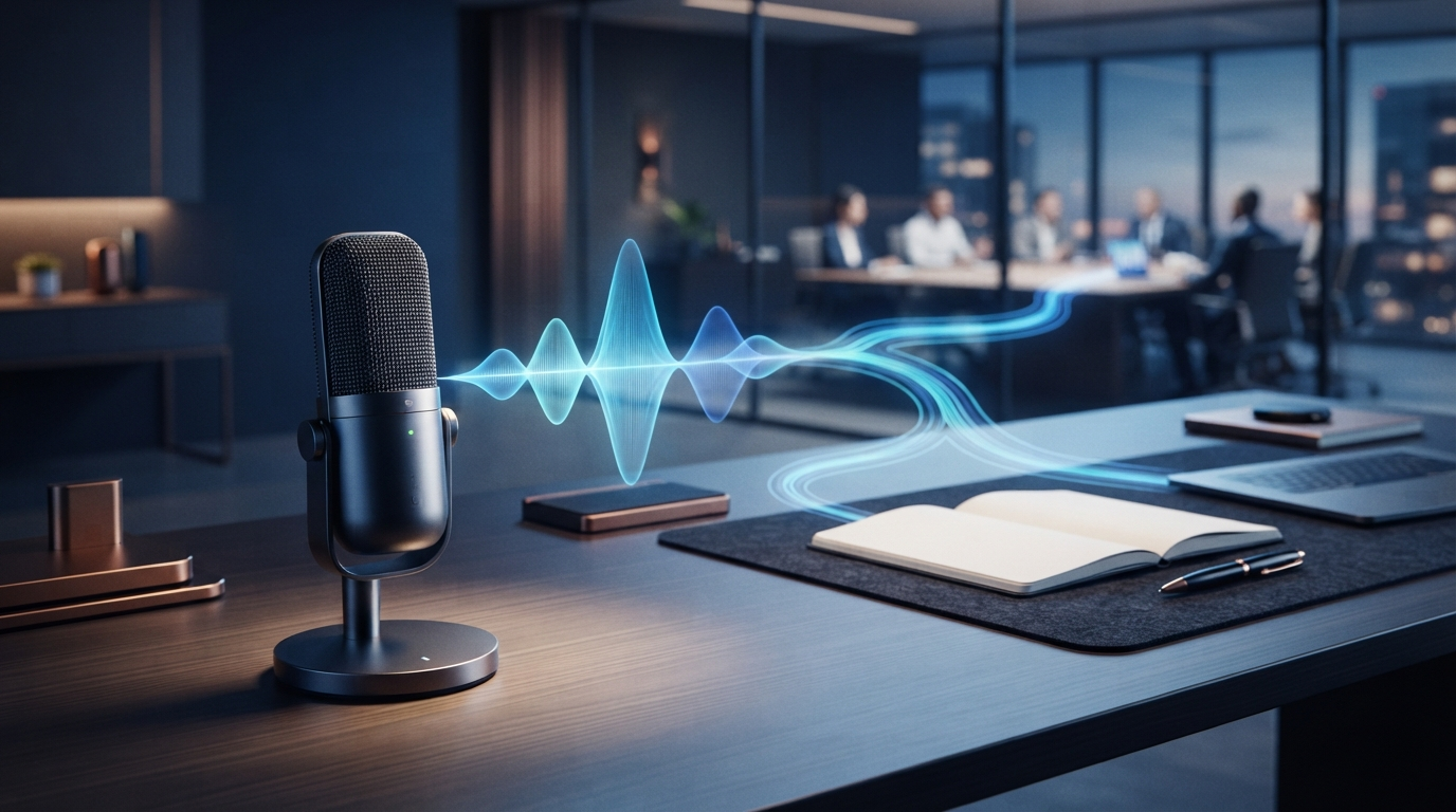 Desktop microphone with a speech waveform branching toward a document and a meeting room