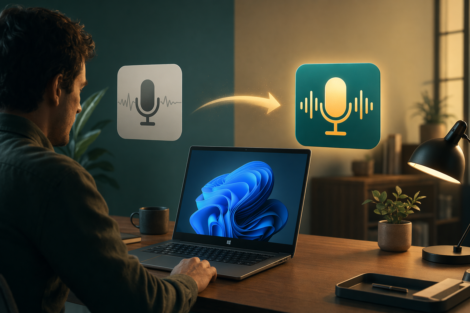 Person at Windows laptop switching between voice dictation apps, showing upgrade from old to new tool