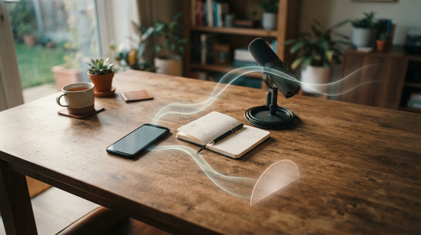 Android phone, microphone and notebook on a sunlit desk with subtle audio waveforms