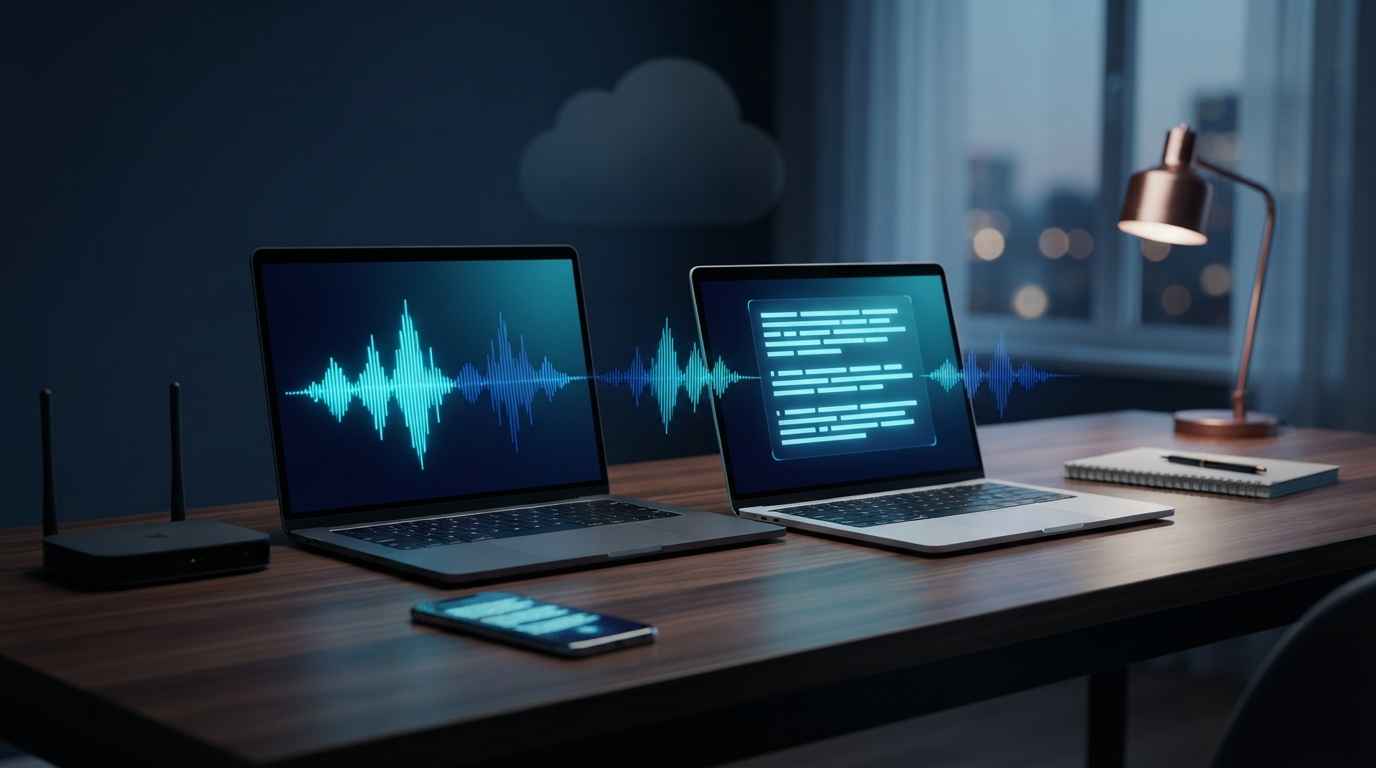Two unbranded laptops and a phone continue processing speech locally beside an inactive Wi-Fi router