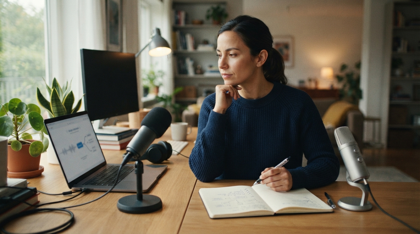 Person comparing two microphones and a voice typing workflow at a desk