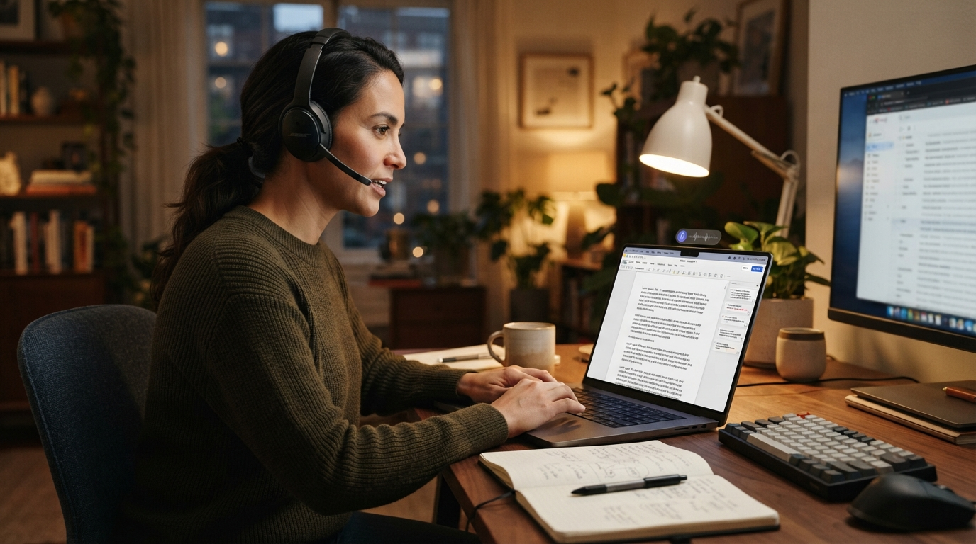A professional dictating into Microsoft Word while juggling comments, research notes, and cross-app writing tasks
