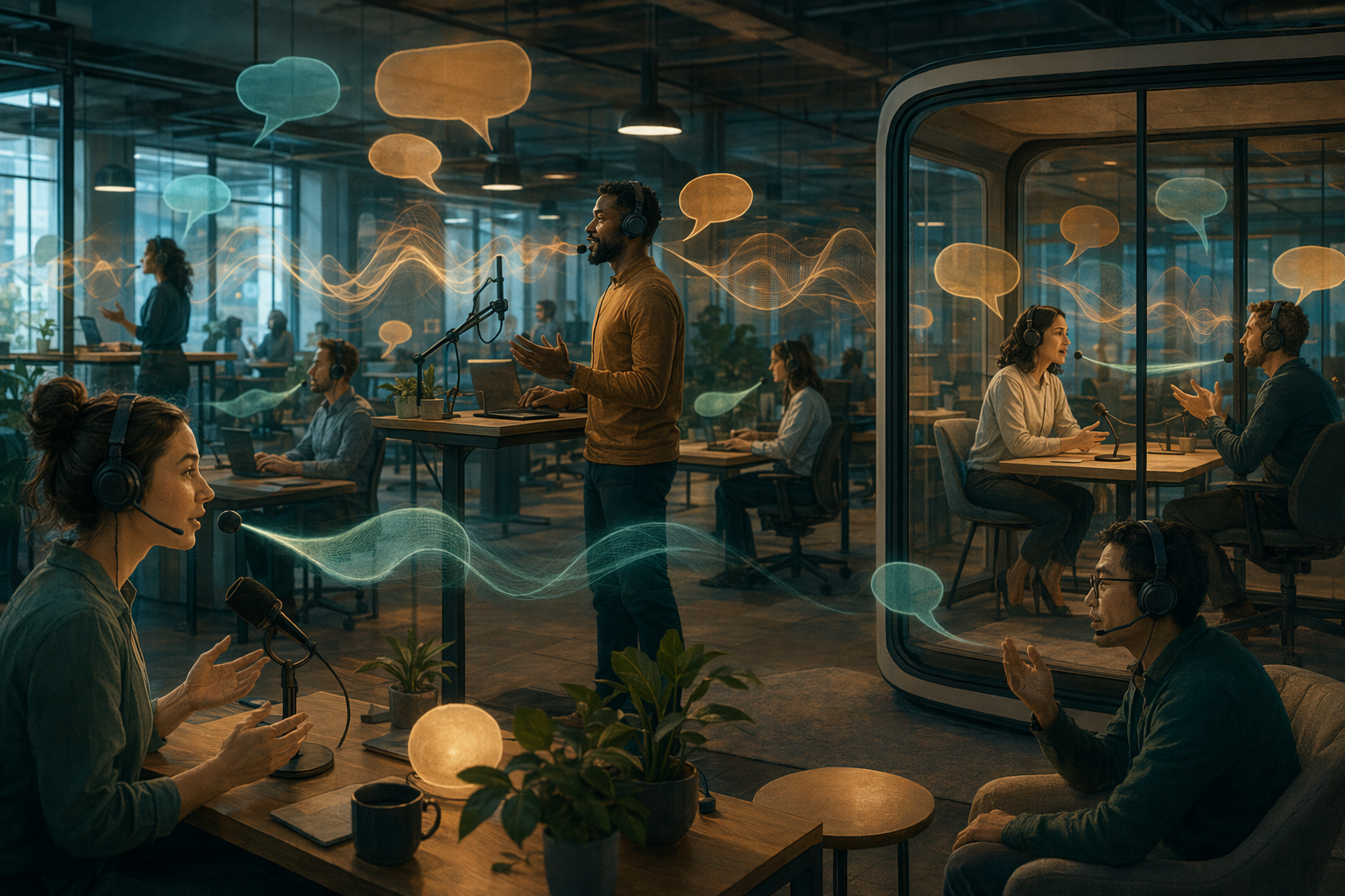 Editorial illustration of voice dictation in a modern office