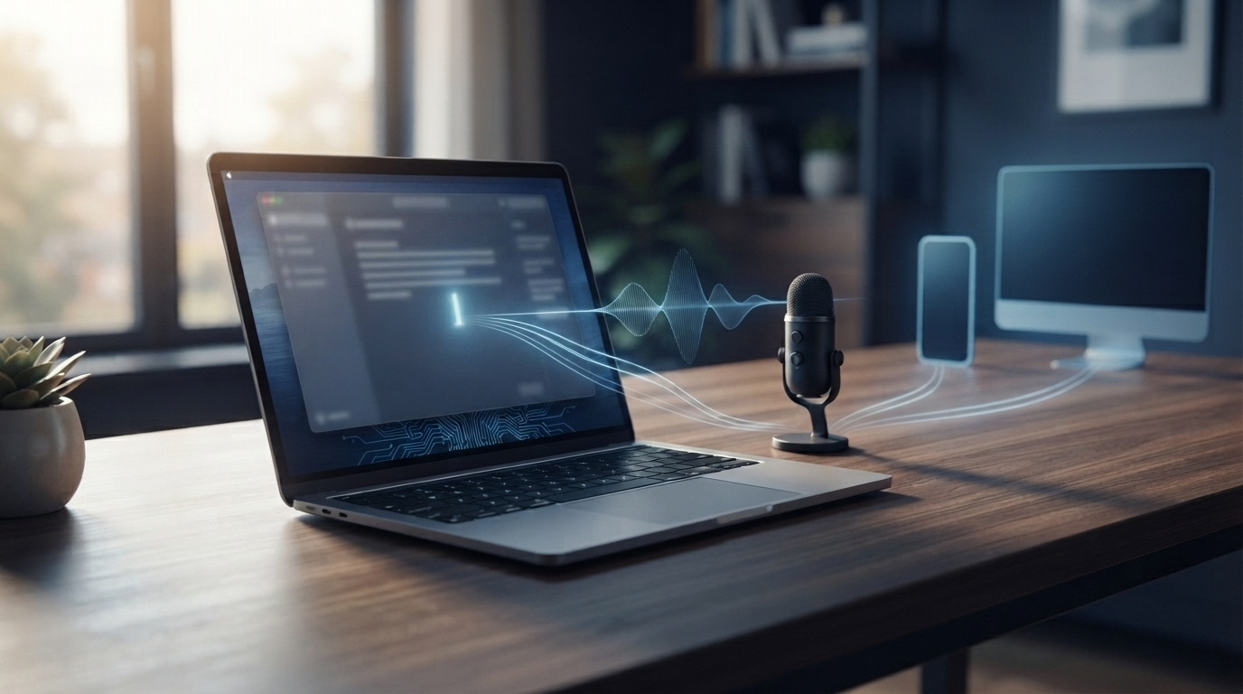 Mac laptop and microphone showing local voice dictation connected to phone and desktop workflows