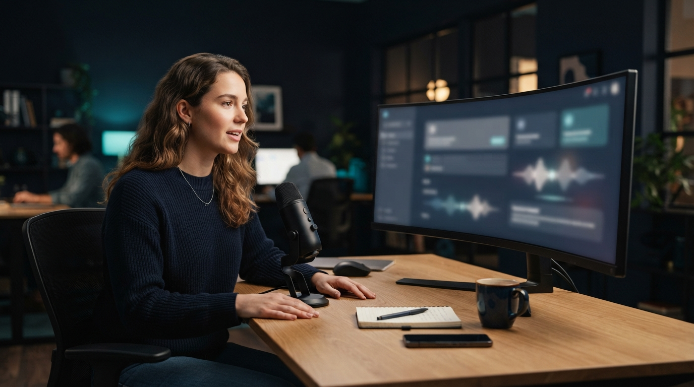 Support professional dictating a customer reply at a help desk workstation
